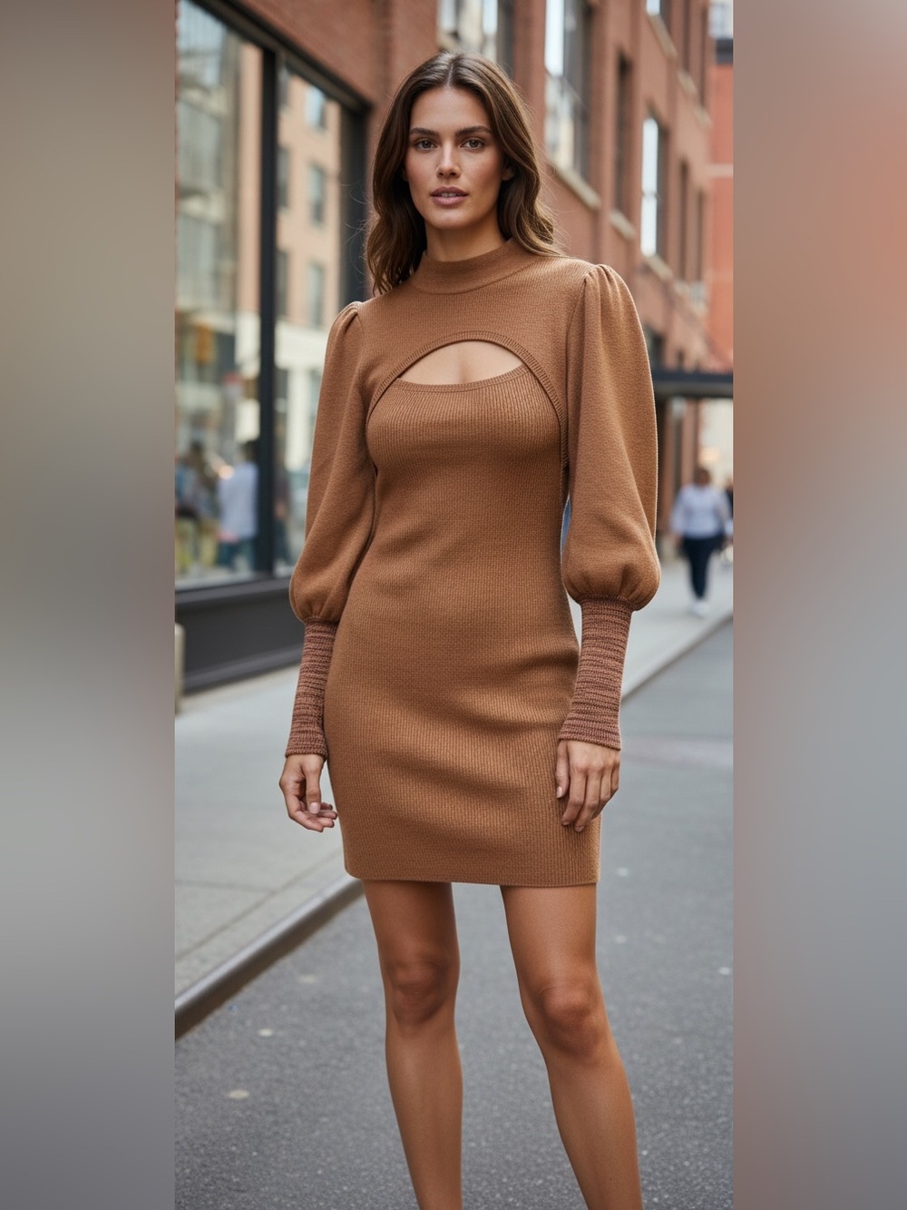 Urban Revivo Puff-Sleeve Mini Dress in Brown/purple color